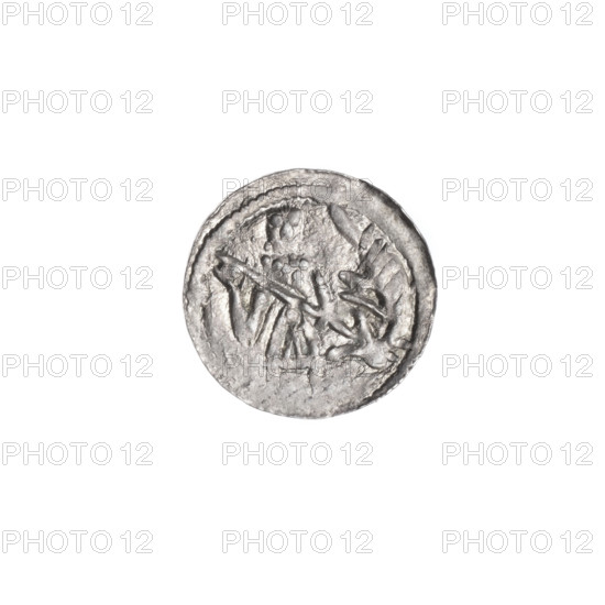 Denarius, Boleslaw III Krzywousty (prince of Poland; 1107–1138). Obverse: in the beaded border, a knight in chain mail thrusting a spearhead into the jaws of an upside-down dragon. Reverse: in a triple beaded border, an isosceles cross topped with balls; between its arms one ball (each with a single dot); one arm intersects the other at approximately 1/3 of its length. Romanesque style; subjects: knight, dragons, fight between good and evil, fight against pagans, martyrs, Adalbert (Saint; ca. 956–997). Spearhead (issue mark), equal-armed cross. Date c. 1125–1138. Poland, Kraków. Coin; diameter 12.7–12.9 mm; weight 0.40 g.