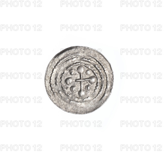 denarius, Boleslaw III Krzywousty (prince of Poland; 1107–1138), allegories, Boleslaw III Krzywousty (prince of Poland; 1086–1138), spearhead (issue mark), equal-armed cross, chain mail, chain mails, crosses, mouth, knight, martyrs, dragons, dragon, knights, Romanesque (style), mouths, Adalbert (Saint; ca. 956–997), Middle Ages, fight against pagans, fight between good and evil, spear, spears. Obverse: in the beaded border, a knight in chain mail thrusting a spearhead into the jaws of a dragon turned upside down. Reverse: in the triple beaded border, an isosceles cross topped with balls; between its arms, one ball (each with a single dot); one arm intersects the other at approximately 1/3 of its length. c. 1125–1138, Poland, Kraków; coin; diameter 12.7–12.9 mm; weight 0.40 g