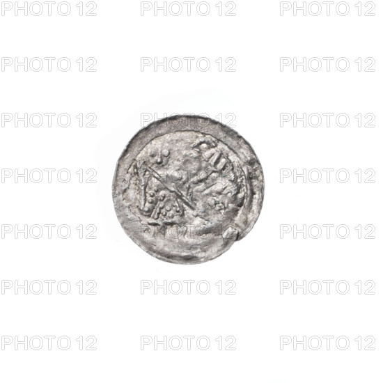denarius, Boleslaw III Krzywousty (prince of Poland; 1107–1138), allegories, spearhead (issue mark), chainmail, crosses, equal-armed cross, jaws, knight, martyrs, Romanesque (style), dragons, dragon, Middle Ages, Adalbert (Saint; ca. 956–997), fight between good and evil, spear, spears, fight against pagans. Obv.: In the beaded border, a knight in chain mail thrusting a spearhead into the jaws of a dragon turned upside down. Rv.: In the triple beaded border, an isosceles cross topped with balls; between its arms, in two quarters one ball, in the next two one sun. ca. 1125–1138. Poland, Kraków. Coin. Diameter 12.6–13.1 mm. Weight 0.27 g.
