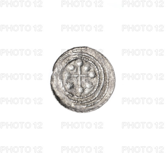 denarius, Boleslaw III Krzywousty (prince of Poland; 1107–1138), allegories, Boleslaw III Krzywousty (prince of Poland; 1086–1138), spearhead (issue mark), chainmail, crosses, equal-armed cross, jaws, knight, martyrs, knights, Romanesque (style), jaws, dragons, dragon, Middle Ages, Adalbert (Saint; ca. 956–997), fight between good and evil, spear, spears, fight against pagans. Obv.: In the beaded border, a knight in chain mail thrusting a spearhead into the jaws of a dragon turned upside down. Rv.: In the triple beaded border, an isosceles cross topped with balls; between its arms, in two quarters one ball, in the next two one sun. Ca. 1125–1138. Poland, Kraków. Coin. Diameter 12.6–13.1 mm. Weight 0.27 g.