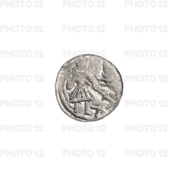 denarius, Boleslaw III Krzywousty (prince of Poland; 1107–1138), allegories, Boleslaw III Krzywousty (prince of Poland; 1086–1138), spearhead (issue mark), chain mail, equal-armed cross, chain mail, crosses, jaws, knight, martyrs, Romanesque (style), knights, jaws, dragons, dragon, Adalbert (Saint; ca. 956–997), fight against pagans, Middle Ages, spear, fight against good evil, spears. Obv. In the beaded border, a knight in chain mail thrusting a spearhead into the jaws of a dragon turned upside down. At the knight's left foot, a figure resembling the number '7.' Its angle is directed toward the foot. The vertices of the figure are marked with dots. Rv. In the triple beaded border, an isosceles cross topped with balls (two of them with one dot each). At the intersection of the arms, a dot. Between the arms of the cross, one dot closer to the center, one sun closer to the ends. ca. 1125–1138, Poland, Kraków, coin, diameter 12.1–12.4 mm, weight 0.39 g