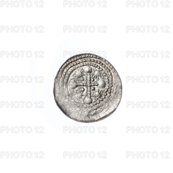 Denarius, Boleslaw III Krzywousty (prince of Poland; ca. 1107–1138). Obverse: in a beaded border, a knight in chain mail thrusting a spearhead into the jaws of an upside-down dragon; at the knight's left foot, a figure resembling the number '7' angled toward the foot with its vertices marked by dots. Reverse: in a triple beaded border, an isosceles cross topped with balls (two of them with one dot each); at the intersection of the arms a dot; between the arms of the cross a dot nearer the center and a sun nearer the ends. Romanesque style; theme of saints/knights fighting pagans (St. Adalbert). Spearhead (issue mark), chain mail, crosses, jaws, dragons. Date: ca. 1125–1138. Poland, Kraków. Coin; diameter 12.1–12.4 mm; weight 0.39 g. Made/attributed to Boleslaw III Krzywousty; Jastrzebowski, Stanislaw (1898–1980) noted.