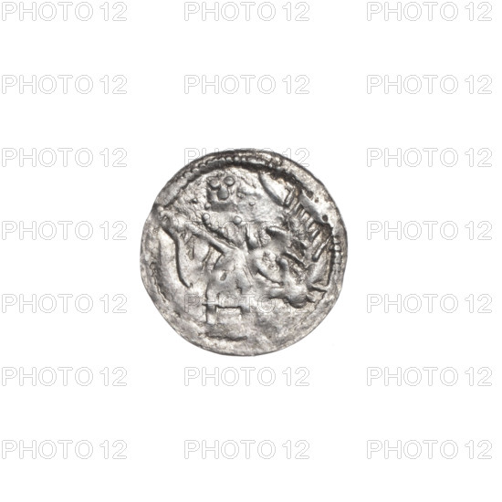 Denarius, Boleslaw III Krzywousty (prince of Poland; 1107–1138). Obverse (beaded border): a knight in chain mail thrusting a spearhead into the jaws of an upside-down dragon. Reverse (triple beaded border): an isosceles cross topped with balls; at the intersection of the arms a ball; between the arms one ball; one arm intersects the other at approximately 1/3 of its length. Allegorical imagery: knight, dragon, fight between good and evil, fight against pagans; possible reference to Saint Adalbert (ca. 956–997). Romanesque style. Spearhead (issue mark). Date: ca. 1125–1138. Place: Poland, Kraków. Medium: coin. Diameter: 12.6–12.8 mm. Weight: 0.33 g.