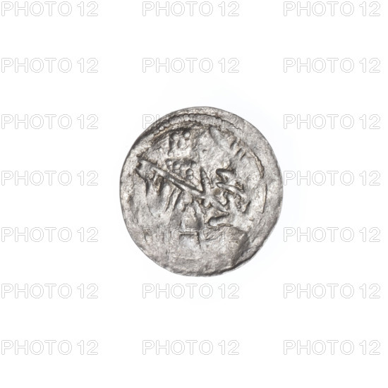 denarius, Boleslaw III Krzywousty (prince of Poland; 1086–1138), allegories, equal-armed cross, spearhead (issue mark), chainmail, crosses, mouth, martyrs, knight, Romanesque (style), dragons, knights, mouths, dragon, fight between good and evil, Middle Ages, fight against pagans, spear, Adalbert (St.; ca. 956–997), spears. Obv.: In the beaded border, a knight in chain mail thrusting a spearhead into the jaws of a dragon turned upside down. Rv.: In the triple beaded border, an isosceles cross topped with balls (one of them has a dot). Between its arms, one ball (each of them has a dot). One arm intersects the other at approximately 1/3 of its length. ca. 1125–1138, Poland, Kraków, coin; diameter 12.9–13.4 mm; weight 0.38 g
