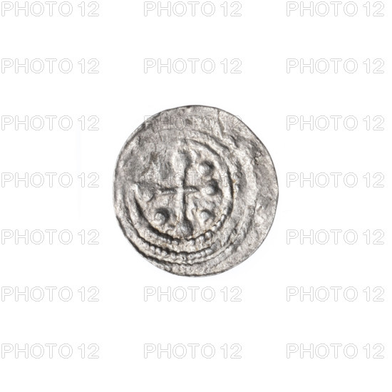 denarius, Boleslaw III Krzywousty (prince of Poland; 1086-1138), equal-armed cross, spearhead (issue mark), chainmail, crosses, mouth, martyrs, knight, Romanesque (style), dragons, knights, mouths, dragon, fight between good and evil, Middle Ages, fight against pagans, spear, Adalbert (St.; ca. 956-997), spears. Obv. In the beaded border, a knight in chain mail thrusting a spearhead into the jaws of a dragon turned upside down. Rv. In the triple beaded border, an isosceles cross topped with balls (one of them has a dot). Between its arms, one ball (each of them has a dot). One arm intersects the other at approximately 1/3 of its length. ca. 1125–1138, Poland, Kraków; coin; diameter 12.9–13.4 mm; weight 0.38 g