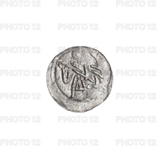 denarius, Boleslaw III Krzywousty (prince of Poland; 1107–1138), allegories, Boleslaw III Krzywousty (prince of Poland; 1086–1138), spearhead (issue mark), equal-armed cross, chainmail, chainmails, crosses, mouth, martyrs, knight, Romanesque (style), mouths, knights, dragons, dragon, Middle Ages, fight between good and evil, fight against pagans, spear, Adalbert (St.; ca. 956–997), spears. Obv.: In the beaded border, a knight in chain mail thrusting a spearhead into the jaws of a dragon turned upside down. Rv.: In the triple beaded border, an isosceles cross topped with balls; between its arms, one ball (one of them has a dot). ca. 1125–1138, Kraków, Poland, coin, diameter 12.6–13.0 mm, weight 0.43 g