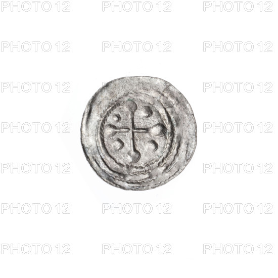 denarius, Boleslaw III Krzywousty (prince of Poland; 1107–1138), allegories, Boleslaw III Krzywousty (prince of Poland; 1086–1138), spearhead (issue mark), equal-armed cross, chainmail, crosses, mouth, martyrs, knight, Romanesque (style), mouths, knights, dragons, dragon, Middle Ages, fight between good and evil, fight against pagans, spear, Adalbert (St.; ca. 956–997), spears. Obv. In the beaded border, a knight in chain mail thrusting a spearhead into the jaws of a dragon turned upside down. Rv. In the triple beaded border, an isosceles cross topped with balls. Between its arms, one ball (one of them has a dot). ca. 1125–1138, Kraków, Poland, coin, diameter 12.6–13.0 mm, weight 0.43 g