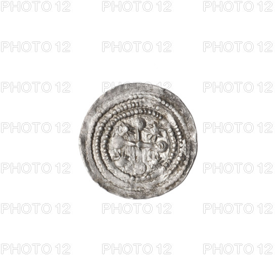 denarius, Boleslaw III Krzywousty (prince of Poland; 1086–1138), allegories, spearhead (issue mark), chain mail, equal-armed cross, martyrs, jaws, crosses, Romanesque (style), knight, dragons, Middle Ages, Adalbert (Saint; ca. 956–997), fight against pagans, spears, the fight between good and evil. Obv.: In the beaded border, a knight in chain mail thrusting a spearhead into the jaws of an upside-down dragon. Rv.: In the triple beaded border, an isosceles cross topped with balls (two with one dot each). A dot at the crossing of the arms. Between them, a sun (three with one dot each; the fourth may have one but is obscured by under-striking). c. 1125–1138, Poland, Kraków; coin; diameter 12.8–13.1 mm; weight 0.68 g.