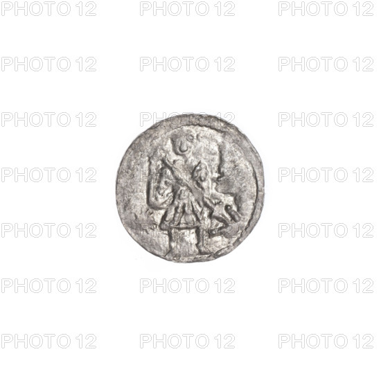 denarius, Boleslaw III Krzywousty (prince of Poland; 1107–1138), allegories, spearhead (issue mark), equal-armed cross, crosses, chain mail, martyrs, mouth, Romanesque (style), mouths, dragons, knights, dragon, Middle Ages, knight, fight between good and evil, fight against pagans, Adalbert (Saint; ca. 956–997), spear (iconographic), spears, Obv. In the beaded border, a knight in chain mail thrusting a spearhead into the jaws of a dragon turned upside down. A sun is under the knight's right elbow. Rv. In the triple beaded border, an isosceles cross topped with spheres (one of them has a dot). At the intersection of the arms, a sphere. Between them, one sphere (three of them have a dot)., ca. 1125–1138, Poland, Kraków, coin, diameter 12.1–12.3 mm, weight 0.42 g