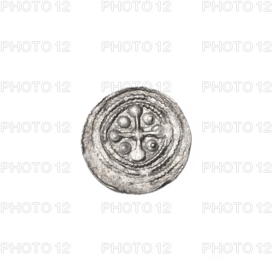 Denarius, Boleslaw III Krzywousty (prince of Poland; 1107–1138), ca. 1125–1138, Poland, Kraków. Obverse: within a beaded border, a knight in chain mail thrusting a spearhead into the jaws of an upside-down dragon; a sun under the knight's right elbow. Reverse: within a triple beaded border, an isosceles cross topped with spheres (one with a dot); a sphere at the intersection of the arms and additional spheres (three with dots) between the arms. Iconography: knight, dragon, fight between good and evil, fight against pagans; spears, spearhead (issue mark), equal-armed cross, crosses, chain mail, martyrs, Adalbert (Saint, ca. 956–997), Romanesque style. Coin; diameter 12.1–12.3 mm; weight 0.42 g.