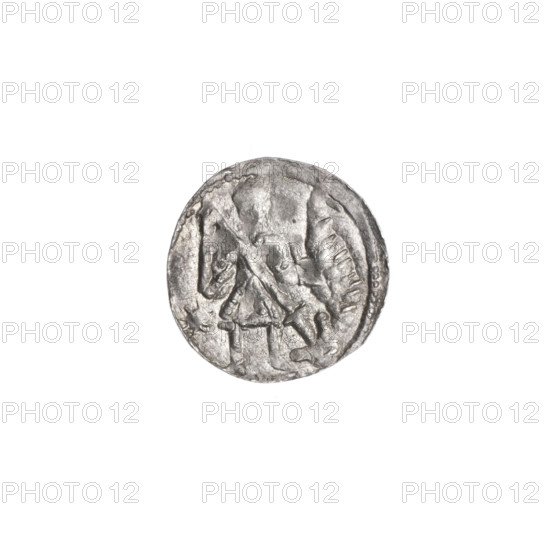 Denarius, Boleslaw III Krzywousty (prince of Poland; 1107–1138). Romanesque coin, ca. 1125–1138, Kraków, Poland; diameter 12.3–12.6 mm, weight 0.41 g. Obverse: in beaded border, a knight in chain mail thrusting a spearhead into the jaws of an upside-down dragon; a sun under the knight’s right elbow. Reverse: in triple beaded border, an isosceles cross topped with balls; at the intersection of the arms a ball; between the arms single balls (three with one dot each; the fourth area is blurred). Iconography: knight, dragon, spear/spearhead, chain mail, equal-armed cross, mouths, crosses, martyrs, Adalbert (Saint, ca. 956–997), fight of good against evil, fight against pagans; Medieval/Romanesque style.