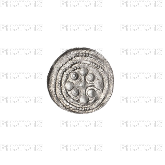Denarius, Boleslaw III Krzywousty (prince of Poland; 1086–1138), Romanesque, ca. 1125–1138, Kraków, Poland. Obverse: in beaded border, a knight in chain mail thrusting a spearhead into the jaws of an upside-down dragon; a sun under the knight's right elbow. Reverse: in triple beaded border, an isosceles cross topped with balls; at the intersection of the arms a ball; three arms show one dot each, the fourth is blurred. Iconography: knight, dragon, spear, chain mail, equal-armed cross, mouths, crosses, martyrs, fight of good against evil, fight against pagans, Adalbert (Saint; ca. 956–997). Coin; diameter 12.3–12.6 mm; weight 0.41 g.