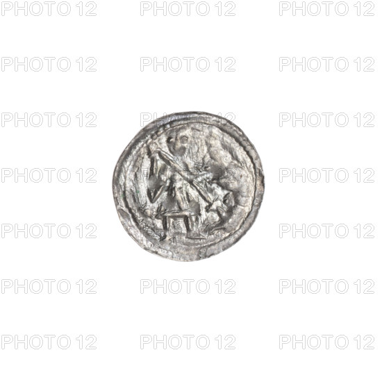 denarius, Boleslaw III Krzywousty (prince of Poland; 1107–1138), allegories, Boleslaw III Krzywousty (prince of Poland; 1086–1138), equal-armed cross, crosses, chain mail, chain mail, mouth, knight, martyrs, spearhead (issue mark), Romanesque (style), knights, mouths, dragons, dragon, Middle Ages, fight between good and evil, Adalbert (Saint; ca. 956–997), fight against pagans, Spear (iconographic), spears. Obv. In the beaded border, a knight in chain mail thrusting a spearhead into the jaws of a dragon turned upside down. Under the knight's right elbow, a sun with a dot. Rv. In the triple beaded border, an isosceles cross topped with suns. Between its arms, in two quarters, two radiating spheres (smaller ones closer to the center of the cross, larger ones), in the other two quarters, one sphere each. ca. 1125–1138, Poland, Kraków, coin, diameter 12.1–12.6 mm, weight 0.27 g
