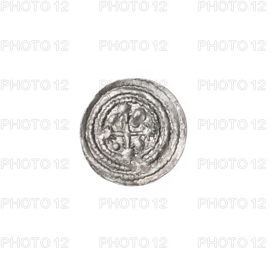 denarius, Boleslaw III Krzywousty (prince of Poland; 1107–1138), allegories, Boleslaw III Krzywousty (prince of Poland; 1086–1138), equal-armed cross, crosses, chain mail, chain mail, mouth, knight, martyrs, spearhead (issue mark), Romanesque (style), knights, mouths, dragons, dragon, Middle Ages, fight between good and evil, Adalbert (Saint; ca. 956–997), fight against pagans, Spear (iconographic), spears. Obv.: In the beaded border, a knight in chain mail thrusting a spearhead into the jaws of a dragon turned upside down. Under the knight's right elbow, a sun with a dot. Rv.: In the triple beaded border, an isosceles cross topped with suns. Between its arms, in two quarters, two radiating spheres (smaller ones closer to the center of the cross, larger ones), in the other two quarters, one sphere each. ca. 1125–1138. Poland, Kraków. Coin. Diameter 12.1–12.6 mm. Weight 0.27 g.