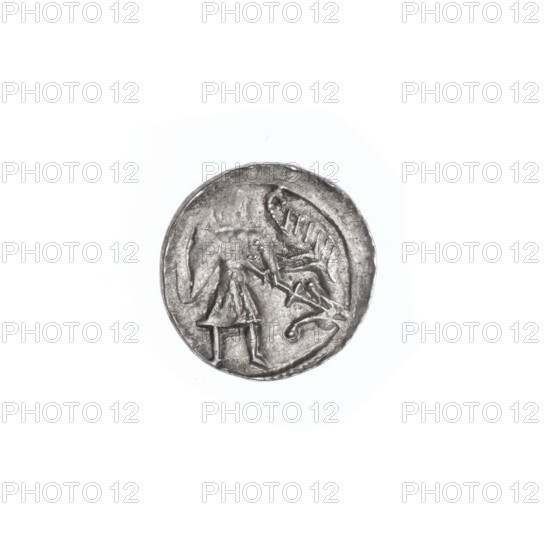 denarius, Boleslaw III Krzywousty (Prince of Poland; 1107–1138), Boleslaw III Krzywousty (Prince of Poland; 1086–1138), allegories, spearhead (issue mark), equal-armed cross, crosses, chainmail, mouth, chainmails, martyrs, knight, Romanesque (style), dragons, knights, mouths, dragon, Adalbert (Saint; ca. 956–997), Middle Ages, fight of good against evil, spear, fight against pagans, spears. Obv.: In the beaded border, a knight in chain mail thrusting a spearhead into the jaws of a dragon turned upside down. Rv.: In the triple beaded border, an isosceles cross topped with balls (two of them have one dot each; the other two may also have one — lack of striking makes observation impossible). A dot at the crossing of the arms. Between the arms, one sun (one dot on each). ca. 1125–1138, Poland, Kraków, coin, diameter 12.1 mm, weight 0.58 g