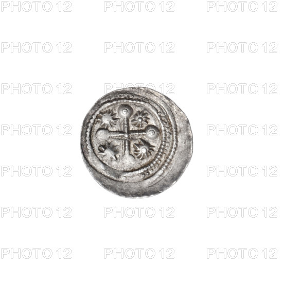 Denarius of Boleslaw III Krzywousty (Prince of Poland; r. 1107–1138). Obverse: in a beaded border, a knight in chain mail thrusting a spearhead into the jaws of an upside-down dragon. Reverse: in a triple beaded border, an isosceles cross topped with balls (two of them show one dot each; the others are unclear), a dot at the crossing of the arms, and one sun (dot) between the arms. Allegorical imagery of knights, dragons, fight of good against evil, Adalbert (Saint), martyrs, and fight against pagans. Romanesque style. Circa 1125–1138. Poland, Kraków. Silver coin; diameter 12.1 mm, weight 0.58 g.