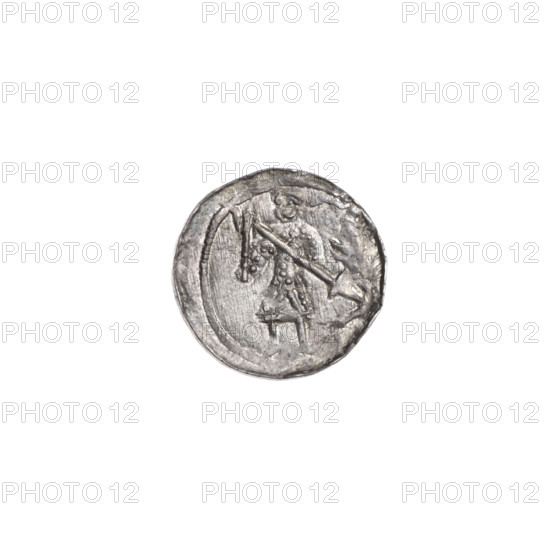 Denarius, Boleslaw III Krzywousty (Prince of Poland; 1107–1138). Obverse: in the beaded border, a knight in chain mail thrusting a spearhead into the jaws of an upside-down dragon. Reverse: in the triple beaded border, an isosceles cross topped with spheres (one with a dot); between its arms, two quarters with two radiating spheres each (one smaller near the center, one larger; one dotted), and two quarters with one sphere each (one dotted). Allegories; spearhead (issue mark); equal-armed cross; crosses; chain mail; knight; mouths; martyrs; Romanesque style; knights; dragons; dragon; Adalbert (Saint; ca. 956–997); fight of good against evil; spear; spears; fight against pagans; Middle Ages. ca. 1125–1138, Kraków, Poland. Coin. Diameter 11.8–12.1 mm; weight 0.38 g.