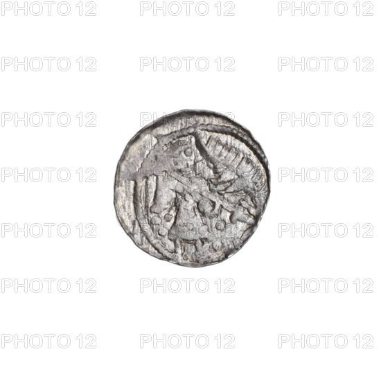 denarius, Boleslaw III Krzywousty (prince of Poland; 1107–1138), allegories, spearhead (issue mark), equal-armed cross (iconographic), crosses, chainmail, chainmail (iconographic), mouth (iconographic), knight (iconographic), martyrs, Romanesque (style), knights, dragons, dragon (iconographic), mouths, Middle Ages, Adalbert (Saint; ca. 956–997), fight of good against evil (iconographic), spear (iconographic), fight against pagans, spears. Obv.: in the beaded border, a knight in chain mail thrusting a spearhead into the jaws of an upside-down dragon; under the knight's right elbow, three dots forming a triangle; under the knight's left elbow, two dots aligned vertically. Rv.: in the triple beaded border, an isosceles cross topped with balls; between its arms, nearer the center, one dot, and nearer the ends, one sun (three of them have one dot; the fourth may also have one, though the field is blurred). c. 1125–1138. Poland, Kraków. Coin. Diameter 12.3–13.1 mm. Weight 0.52 g.