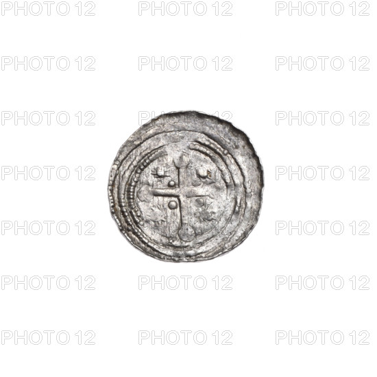 Denarius, Boleslaw III Krzywousty (prince of Poland; 1107–1138). Obverse: in a beaded border, a knight in chain mail thrusting a spearhead into the jaws of an upside-down dragon; under the knight's right elbow, three dots forming a triangle; under the left elbow, two vertically aligned dots. Reverse: in a triple beaded border, an isosceles cross topped with balls; between its arms, dots and sun symbols (three arms show one dot each; the fourth may also have one dot but is blurred). Iconography: spearhead, equal-armed cross, crosses, chain mail, mouth, knight, dragon, martyrs, Adalbert (Saint; ca. 956–997), fight of good against evil, fight against pagans. Romanesque style. Attributed c. 1125–1138, Kraków, Poland. Coin; diameters 12.3 mm and 13.1 mm; weight 0.52 g.