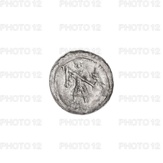 denarius, Boleslaw III Krzywousty (prince of Poland; 1086–1138; reign 1107–1138), allegories, spearhead (issue mark), equal-armed cross, crosses, chain mail, mouth, martyrs, knight, knights, dragons, Romanesque (style), dragon, mouths, Middle Ages, fight between good and evil, Adalbert (Saint; ca. 956–997), fight against pagans, Spear, spears. Obv.: In the beaded border, a knight in chain mail thrusting a spearhead into the jaws of a dragon turned upside down. Rv.: In the triple beaded border, an isosceles cross topped with balls; between its arms, one ball (one of them has a dot); in one quarter, at the intersection of the arms of the cross, a dot. ca. 1125–1138, Poland, Kraków, coin; diameter 12.1–12.3 mm, weight 0.40 g