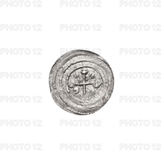 Denarius, Boleslaw III Krzywousty (prince of Poland; 1086–1138). Obverse (in beaded border): a knight in chain mail thrusting a spearhead into the jaws of an upside-down dragon. Reverse (in triple beaded border): an isosceles cross topped with balls; between its arms one ball (one with a dot); at the intersection of the arms a dot. Allegorical imagery of martyrs, knights, dragons, fight between good and evil, fight against pagans; Romanesque style; depiction related to Saint Adalbert (ca. 956–997). Spear/spearhead motif; equal-armed cross. Ca. 1125–1138, Poland, Kraków. Coin; diameter 12.1–12.3 mm; weight 0.40 g.