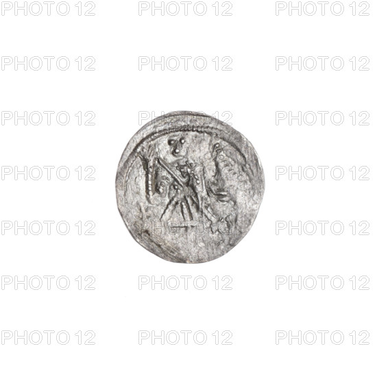 denarius, Boleslaw III Krzywousty (prince of Poland; 1107–1138), allegories, equal-armed cross, crosses, mouth, chain mail, spearhead (issue mark), knight, martyrs, dragons, dragon, knights, Romanesque (style), mouths, Middle Ages, Adalbert (Saint; ca. 956–997), fight between good and evil, fight against pagans, Spear (iconographic), spears. Obv.: In the beaded border, a knight in chain mail thrusting a spearhead into the jaws of a dragon turned upside down. Under the knight's right elbow, an isosceles cross topped with balls. Rv.: In the triple beaded border, an isosceles cross topped with balls (one of them has a dot). At the intersection of the arms, a dot. Between them, radiating two balls (closer to the center of the cross, smaller ones; the other larger ones—one dot on each). ca. 1125–1138, Poland, Kraków, coin, diameter 12.1–12.6 mm, weight 0.43 g.