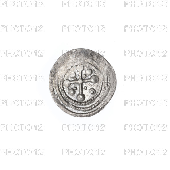 Denarius, Boleslaw III Krzywousty (prince of Poland; 1107–1138). Obverse (in beaded border): a knight in chain mail thrusting a spearhead into the jaws of an upside-down dragon; under the knight's right elbow, an isosceles cross topped with balls. Reverse (in triple beaded border): an isosceles cross topped with balls (one with a dot); at the intersection of the arms, a dot; between the arms, radiating two balls (smaller nearer the center, larger ones with one dot each). Iconography: knight, dragon, fight between good and evil, fight against pagans; spear (issue mark). Romanesque style; references to Adalbert (Saint, ca. 956–997) and martyrs. Date ca. 1125–1138. Poland, Kraków. Coin; diameter 12.1–12.6 mm; weight 0.43 g.