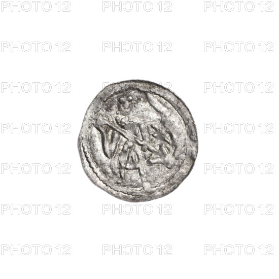 denarius, Boleslaw III Krzywousty (prince of Poland; 1086–1138), allegories, spearhead (issue mark), equal-armed cross, crosses, jaws, chain mail, knight, martyrs, Romanesque (style), knights, jaws, dragons, dragon, Adalbert (Saint; ca. 956–997), Middle Ages, fight against pagans, fight between good and evil, spears, spear. Obv.: In the beaded border, a knight in chain mail thrusting a spearhead into the jaws of a dragon turned upside down. Rv.: In the triple beaded border, an isosceles cross topped with balls; between its arms, one ball. ca. 1125–1138, Poland, Kraków, coin, diameter 13.1–13.8 mm, weight 0.39 g
