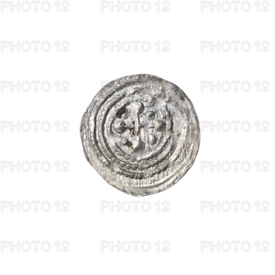 denarius, Boleslaw III Krzywousty (prince of Poland; 1107–1138), allegories, Boleslaw III Krzywousty (prince of Poland; 1086–1138), spearhead (issue mark), equal-armed cross, crosses, jaws, chain mail, chain mail, knight, martyrs, Romanesque (style), knights, jaws, dragons, dragon, Adalbert (Saint; ca. 956–997), Middle Ages, fight against pagans, fight between good and evil, spears, spear. Obv.: In the beaded border, a knight in chain mail thrusting a spearhead into the jaws of a dragon turned upside down. Rv.: In the triple beaded border, an isosceles cross topped with balls; between its arms, one ball. ca. 1125–1138, Poland, Kraków, coin, diameter 13.1–13.8 mm, weight 0.39 g