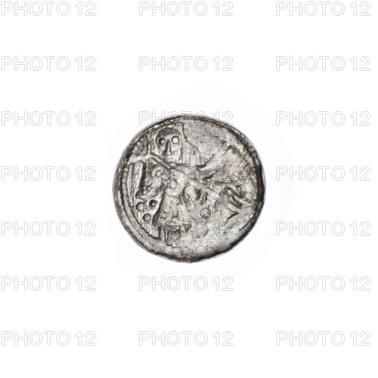 denarius, Boleslaw III Krzywousty (prince of Poland; 1107–1138), allegories, equal-armed cross, crosses, spearhead (issue mark), chainmail, chainmails, mouth, martyrs, knight, Romanesque (style), dragons, mouths, knights, dragon, Middle Ages, fight between good and evil, fight against pagans, Adalbert (St.; ca. 956–997), Spear (iconographic), spears. Obv.: In the beaded border, a knight in chain mail thrusting the spearhead into the jaws of a dragon turned upside down. Under the knight's right elbow, three dots forming a triangle. Under the knight's left elbow, two dots, one above the other. Rv.: In the triple beaded border, an isosceles cross topped with balls (one of them has a dot; observation of the others is prevented by under-striking). Between its arms, one dot closer to the center, one sun closer to the ends. ca. 1125–1138. Poland, Kraków. Coin; diameter 12.1–12.6 mm; weight 0.61 g.