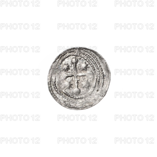 denarius, Boleslaw III Krzywousty (prince of Poland; 1086–1138), allegories, equal-armed cross, crosses, spearhead (issue mark), chainmail, mouth, martyrs, knight, Romanesque (style), dragons, knights, dragon, Middle Ages, fight between good and evil, fight against pagans, Adalbert (St.; ca. 956–997), Spear (iconographic), spears. Obv.: in the beaded border, a knight in chain mail thrusting the spearhead into the jaws of a dragon turned upside down; under the knight's right elbow, three dots forming a triangle; under the knight's left elbow, two dots, one above the other. Rv.: in the triple beaded border, an isosceles cross topped with balls (one with a dot; others obscured by under-striking); between its arms, one dot closer to the center and one sun nearer the ends. ca. 1125–1138. Poland, Kraków. Coin. Diameter 12.1–12.6 mm. Weight 0.61 g.