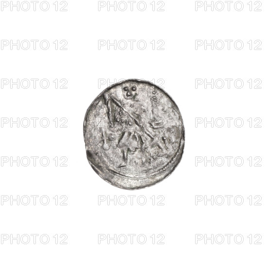 Denarius, Boleslaw III Krzywousty (prince of Poland; 1086–1138). Obverse (beaded border): a knight in chain mail thrusting a spearhead into the jaws of an upside-down dragon; under the knight's right elbow an isosceles cross topped with balls. Reverse (triple beaded border): an isosceles cross topped with balls; at the intersection a ball; between the arms radiating two balls (one smaller, one larger; two of them bear a dot). Allegorical imagery referencing knights, martyrs, fight between good and evil, fight against pagans, Saint Adalbert. Romanesque style. Makers/engraver: Jastrzebowski, Stanislaw (1898–1980) [issue mark: spearhead]. Date: ca. 1125–1138. Place: Poland, Kraków. Coin; diameter 11.9–12.8 mm; weight 0.41 g.