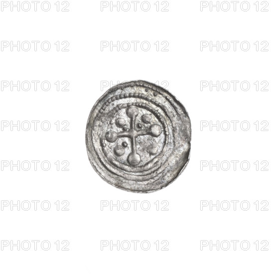 Denarius of Boleslaw III Krzywousty (prince of Poland; reign 1107–1138). Obverse (in beaded border): a knight in chain mail thrusting a spearhead into the jaws of an upside-down dragon; under the knight’s right elbow an equal-armed (isosceles) cross topped with balls. Reverse (in triple beaded border): an equal-armed cross topped with balls; at the intersection a ball, with two radiating balls between the arms (one smaller nearer the center, the other larger—on two of them a dot). Romanesque style; iconography evokes knights, martyrs (St. Adalbert), fight between good and evil and against pagans; spears/spearheads, dragons, chain mail. Circa 1125–1138, Poland (Kraków). Coin; diameters 11.9–12.8 mm; weight 0.41 g.