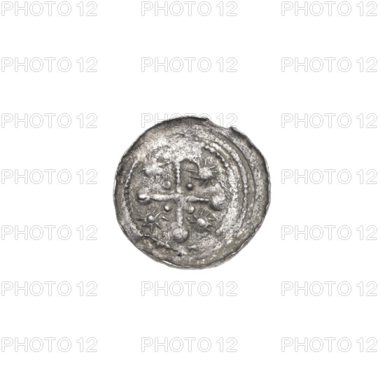 Denarius, Boleslaw III Krzywousty (prince of Poland; 1086–1138). Romanesque coin, ca. 1125–1138, Poland, Kraków. Obverse: in beaded border, a knight in chain mail thrusting a spearhead into the jaws of an upside-down dragon; under the knight's right elbow three dots in a triangle, under the left elbow two vertically aligned dots. Reverse: in triple beaded border, an isosceles cross topped with spheres (one with a dot); between its arms, one dot nearer the center and one sun nearer the ends (two of them with one dot each). Motifs: knight, dragon, fight against pagans, fight between good and evil, spears, spearhead (issue mark), crosses, chainmail; possible reference to St. Adalbert (ca. 956–997). Diameter ~12.3–12.8 mm; weight 0.43 g.