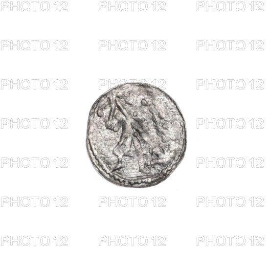 Denarius, Boleslaw III Krzywousty (prince of Poland; 1086–1138). Obverse: in beaded border, a knight in chain mail thrusting a spearhead into the jaws of an upside-down dragon. Reverse: in triple beaded border, an isosceles cross topped with balls; one ball between its arms. Iconography: knights, chain mail, spearhead, dragons, fight against pagans, fight between good and evil; possible reference to St. Adalbert (ca. 956–997). Romanesque style. ca. 1125–1138, Kraków, Poland. Coin; diameter 11.8–12.1 mm; weight 0.43 g.