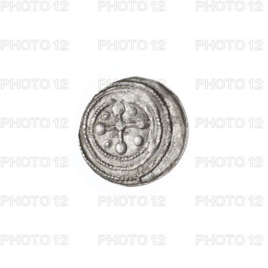 denarius, Boleslaw III Krzywousty (prince of Poland; 1107–1138), spearhead (issue mark), equal-armed cross, jaw, chain mail, martyrs, Romanesque (style), knight, jaws, crosses, dragons, fight between good and evil, fight against pagans, Adalbert (St.; ca. 956–997), spear, spears, Middle Ages. Obv. In the beaded border, a knight in chain mail thrusting a spearhead into the jaws of a dragon turned upside down. Under the knight's right elbow, an isosceles cross topped with balls (one of them with a dot). Rv. In the triple beaded border, an isosceles cross topped with balls. At the intersection of the arms, a ball. Between the central ball and the crossbar at the end of each arm, one ball (two of them with a dot). ca. 1125–1138. Kraków, Poland. Coin, diam. 12.2–12.9 mm, weight 0.45 g.