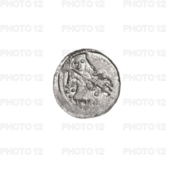 denarius, Boleslaw III Krzywousty (prince of Poland; 1107–1138), allegories, Boleslaw III Krzywousty (prince of Poland; 1086–1138), spearhead (issue mark), equal-armed cross, crosses, chain mail, chain mail, mouth, martyrs, Romanesque (style), knight, dragons, mouths, knights, dragon, Middle Ages, fight between good and evil, fight against pagans, spear, Adalbert (St.; ca. 956–997), spears, Obv. In the beaded border, a knight in chain mail thrusting a spearhead into the jaws of a dragon turned upside down. Under the knight's right elbow, three dots forming a triangle. Under the knight's left elbow, two dots, one above the other. Rv. In the triple beaded border, an isosceles cross topped with balls (one of them has a dot). At the crossing of the arms, a dot. Between them, one sun (two of them have one dot). In one quarter, closer to the center of the cross, a dot. ca. 1125–1138, Poland, Kraków, coin, diameter 12.2 mm; diameter 12.8 mm; weight 0.46 g