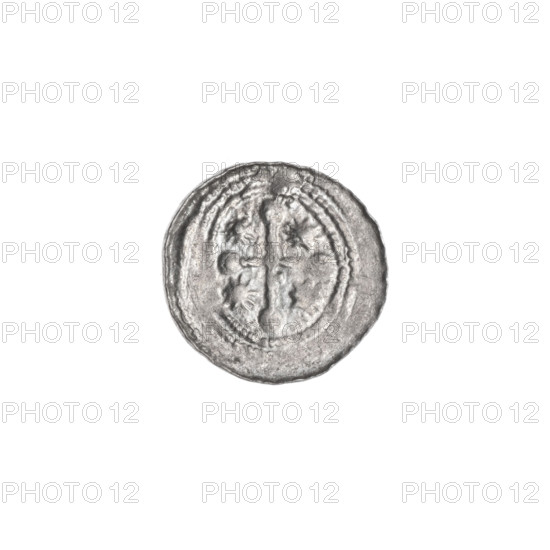 denarius, Boleslaw III Krzywousty (prince of Poland; 1107–1138), allegories, spearhead (issue mark), equal-armed cross, crosses, chain mail, chain mail, mouth, martyrs, Romanesque (style), knight, dragons, mouths, knights, dragon, Middle Ages, fight between good and evil, fight against pagans, spear, Adalbert (St.; ca. 956–997), spears. Obv. In the beaded border, a knight in chain mail thrusting a spearhead into the jaws of a dragon turned upside down. Under the knight's right elbow, three dots forming a triangle. Under the knight's left elbow, two dots, one above the other. Rv. In the triple beaded border, an isosceles cross topped with balls (one of them has a dot). At the crossing of the arms, a dot. Between them, one sun (two of them have one dot). In one quarter, closer to the center of the cross, a dot. ca. 1125–1138, Poland, Kraków; coin; diameter 12.2–12.8 mm; weight 0.46 g