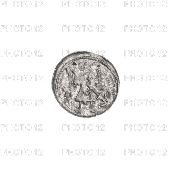 Denarius, Boleslaw III Krzywousty (prince of Poland; 1107–1138). Obverse (in beaded border): a knight in chain mail thrusting a spearhead into the jaws of an upside-down dragon; under the knight's right elbow, an isosceles cross topped with balls (one with a dot). Reverse (in triple beaded border): an isosceles cross topped with balls; at the intersection a ball, with two radiating balls (smaller ones nearer the center, a larger one farther). Iconography: spearhead (issue mark), equal-armed cross, chainmail, crosses, martyrs, knight, Romanesque style, mouths, dragons, knights, Middle Ages, fight between good and evil, dragon, fight against pagans, St. Adalbert (ca. 956–997), spear(s). Date ca. 1125–1138. Poland, Kraków. Coin; diameter 11.9–12.2 mm; weight 0.40 g.