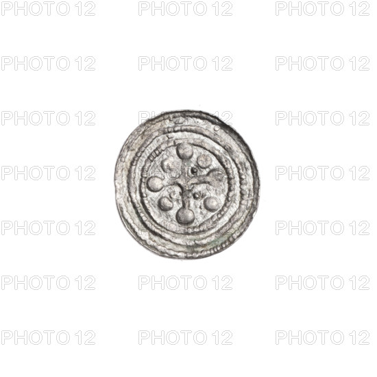Denarius, Boleslaw III Krzywousty (prince of Poland; 1107–1138). Obverse: within a beaded border, a knight in chain mail thrusting a spearhead into the jaws of an upside-down dragon; under the knight's right elbow, an isosceles cross topped with balls (one with a dot). Reverse: within a triple beaded border, an isosceles cross topped with balls; at the intersection of the arms a ball, with two radiating balls between the arms (smaller ones nearer the center, a larger one farther out). Iconography: spearhead (issue mark), equal-armed cross, chainmail, crosses, knights, dragons, martyrs, fight between good and evil, fight against pagans, Adalbert (St.; ca. 956–997). Romanesque style. Date: ca. 1125–1138. Place: Poland, Kraków. Medium: coin. Diameter: 11.9–12.2 mm. Weight: 0.40 g.
