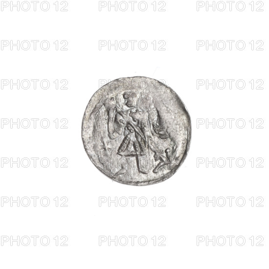 denarius, Boleslaw III Krzywousty (prince of Poland; 1107–1138), allegories, Boleslaw III Krzywousty (prince of Poland; 1086–1138), spearhead (issue mark), equal-armed cross, crosses, mouth, chainmail, martyrs, knight, Romanesque (style), mouths, dragons, knights, fight between good and evil, Middle Ages, fight against pagans, Adalbert (St.; ca. 956–997), spear, spears, dragon. Obv.: In the beaded border, a knight in chain mail thrusting a spearhead into the jaws of a dragon turned upside down. Under the knight's right elbow, an isosceles cross topped with balls; one arm intersects the other at approximately 1/3 of its length. Rv.: In the triple beaded border, an isosceles cross topped with balls; at the intersection of the arms, a ball. Between them, two balls radiate outward (closer to the center of the cross, smaller; the other larger — on two of them, one dot). c. 1125–1138, Poland, Kraków, coin, diameter 12.4–12.9 mm, weight 0.48 g
