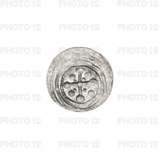 denarius, Boleslaw III Krzywousty (prince of Poland; 1086–1138), Romanesque style, c. 1125–1138, Poland, Kraków; coin; obverse: in beaded border, a knight in chain mail thrusting a spearhead into the jaws of an upside-down dragon; under the knight's right elbow, an isosceles cross topped with balls (one arm intersects the other at ~1/3 length); reverse: in triple beaded border, an isosceles cross topped with balls with a central ball at the intersection and two radiating balls (one smaller, one larger; two show a dot); diameter 12.4–12.9 mm, weight 0.48 g.