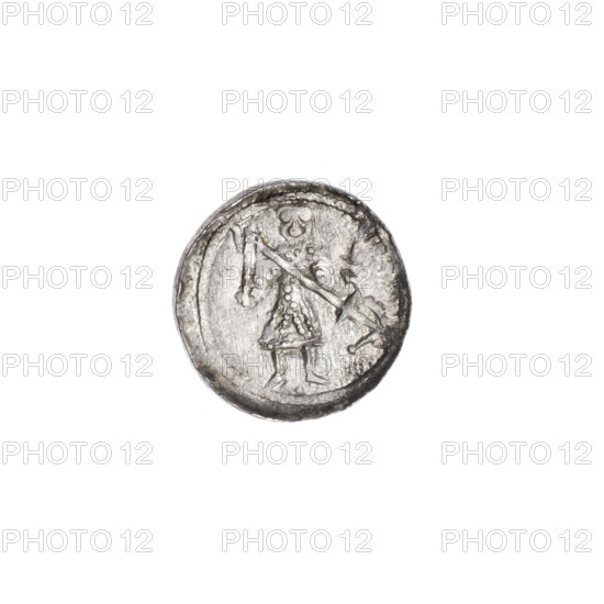 denarius, Boleslaw III Krzywousty (prince of Poland; 1107–1138), allegories, Boleslaw III Krzywousty (prince of Poland; 1086–1138), spearhead (issue mark), equal-armed cross, chainmail, crosses, mouth, martyrs, knight, dragons, Romanesque (style), knights, mouths, Middle Ages, fight between good and evil, Adalbert (Saint; ca. 956–997), fight against pagans, spear, spears, dragon. Obv.: In the beaded border, a knight in chain mail thrusting a spearhead into the jaws of a dragon turned upside down; under the knight's feet, a dot. Rv.: In the triple beaded border, an isosceles cross topped with balls; between its arms, in two quarters, two balls each (smaller ones closer to the center, larger ones farther), in the next two quarters, one ball each (one with a dot). Ca. 1125–1138, Poland, Kraków. Coin; diameter 12.0–13.2 mm; weight 0.58 g.
