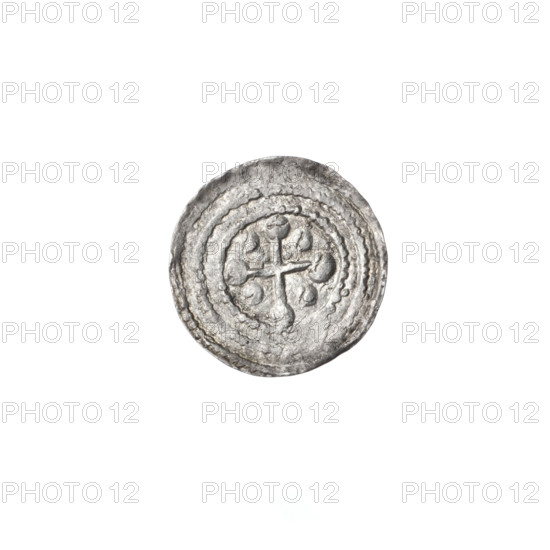 Denarius, Boleslaw III Krzywousty (prince of Poland; 1086–1138). Romanesque style, ca. 1125–1138, Poland, Kraków. Coin (denarius), diameter 12.0–13.2 mm, weight 0.58 g. Obverse: in beaded border, a knight in chain mail thrusting a spearhead into the jaws of an upside-down dragon; under the knight's feet, a dot. Reverse: in triple beaded border, an isosceles cross topped with balls; between its arms, two quarters with two balls each (smaller ones closer to the center, larger ones farther), and two quarters with one ball each (one of them with a dot). Subjects/allegories: knights, martyrs, fight between good and evil, Adalbert (Saint; ca. 956–997), fight against pagans; motifs: spear/spearhead, chainmail, crosses, dragons, mouths.