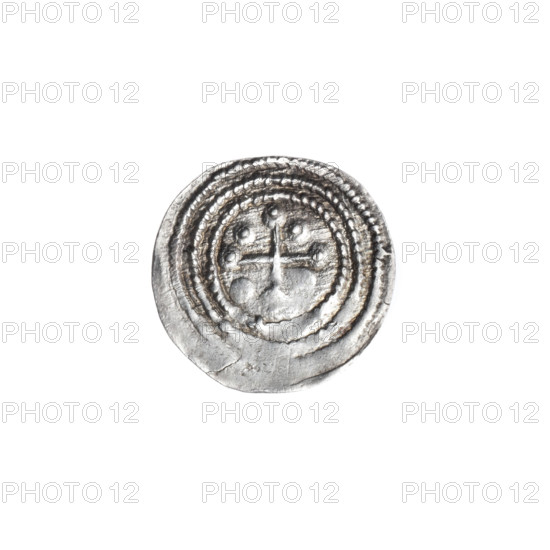 denarius, Boleslaw III Krzywousty (prince of Poland; 1107–1138), allegories, Boleslaw III Krzywousty (prince of Poland; 1086–1138), spearhead (issue mark), equal-armed cross, crosses, jaws, chain mail, knight, chain mails, martyrs, Romanesque (style), knights, jaws, dragons, dragon, Middle Ages, fight between good and evil, fight against pagans, spear, spears, Wojciech (St.; ca. 956–997). Obv. In the beaded border, a knight in chain mail thrusting a spearhead into the jaws of a dragon turned upside down. Rv. In the triple beaded border, an isosceles cross topped with balls (three of them have one dot each; the fourth may also have one—observation is prevented by under-striking). Between its arms, one ball (two of them have one dot each; the remaining two may also have one—observation is prevented by under-striking). ca. 1125–1138, Poland, Kraków, coin, diameter 13.2–13.7 mm, weight 0.57 g
