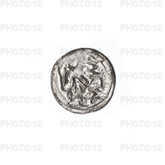 denarius, Boleslaw III Krzywousty (prince of Poland; 1086–1138), allegories, spearhead (issue mark), equal-armed cross, chain mail, crosses, mouth, knight, martyrs, Romanesque (style), knights, dragon, dragons, mouths, Adalbert (Saint; ca. 956–997), fight against pagans, fight between good and evil, Middle Ages, spear, spears. Obv.: In the beaded border, a knight in chain mail thrusting a spearhead into the jaws of a dragon turned upside down. Rv.: In the triple beaded border, an isosceles cross topped with balls; between its arms, one sun. ca. 1125–1138, Poland, Kraków; coin; diameter 12.1–12.5 mm; weight 0.41 g.