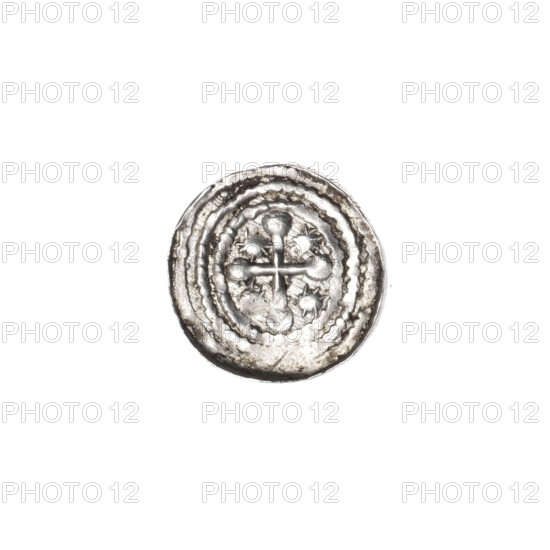 denarius, Boleslaw III Krzywousty (prince of Poland; 1107–1138), allegories, Boleslaw III Krzywousty (prince of Poland; 1086–1138), spearhead (issue mark), equal-armed cross, chain mail, crosses, mouth, knight, chain mail, martyrs, Romanesque (style), knights, dragon, dragons, mouths, Adalbert (Saint; ca. 956–997), fight against pagans, fight between good and evil, Middle Ages, spear, spears. Obv. In the beaded border, a knight in chain mail thrusting a spearhead into the jaws of a dragon turned upside down. Rv. In the triple beaded border, an isosceles cross topped with balls; between its arms, one sun. ca. 1125–1138, Poland, Kraków; coin; diameter 12.1–12.5 mm; weight 0.41 g