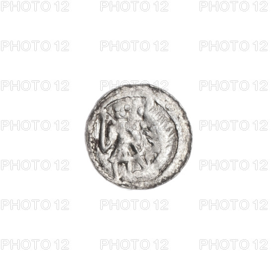Denarius, Boleslaw III Krzywousty (prince of Poland; 1107–1138). Romanesque style, ca. 1125–1138, Poland, Kraków. Coin (diameter 11.9–12.2 mm, weight 0.50 g). Obverse: in beaded border, a knight in chain mail thrusting a spearhead into the jaws of an upside-down dragon; motifs: knight, chain mail, spear/spearhead, dragon, mouths, fight between good and evil, fight against pagans, Adalbert (Saint) and martyrs, dragons, knights. Reverse: in triple beaded border, an equal-armed (isosceles) cross topped with balls; between its arms, two quarters with two balls each (smaller ones nearer the center, larger ones each with a dot), and two quarters with one ball each.