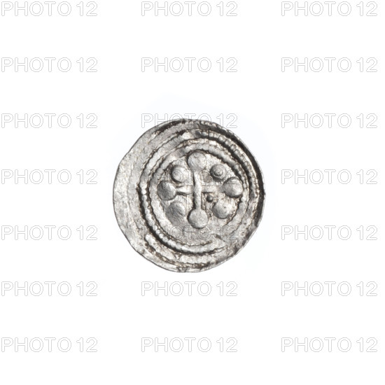 Denarius of Boleslaw III Krzywousty (prince of Poland; 1086–1138), ca. 1125–1138. Obverse: in a beaded border, a knight in chain mail thrusting a spearhead into the jaws of an upside-down dragon. Reverse: in a triple beaded border, an isosceles cross topped with balls; between its arms, two quarters with two balls each (smaller ones nearer the center, larger ones each with a dot) and two quarters with one ball each. Romanesque style; themes: Adalbert (Saint), martyrs, fight between good and evil, fight against pagans; iconography includes knight, chain mail, spear/spearhead, dragons, mouths, crosses. Coin; Poland, Kraków; diameter approx. 11.9–12.2 mm; weight 0.50 g.