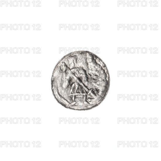 denarius, Boleslaw III Krzywousty (prince of Poland; 1107–1138), allegories, Boleslaw III Krzywousty (prince of Poland; 1086–1138), equal-armed cross, spearhead (issue mark), crosses, chain mail, chain mails, mouth, knight, martyrs, Romanesque (style), dragons, knights, dragon, mouths, Adalbert (Saint; ca. 956–997), fight between good and evil, Middle Ages, fight against pagans, spear (iconographic), spears. Obv. In the beaded border, a knight in chain mail thrusting a spearhead into the jaws of a dragon turned upside down. Rv. In the triple beaded border, an isosceles cross topped with balls. At the intersection of the arms, a ball. Between them, one ball. ca. 1125–1138, Poland, Kraków, coin, diameter 11.2–11.6 mm, weight 0.36 g